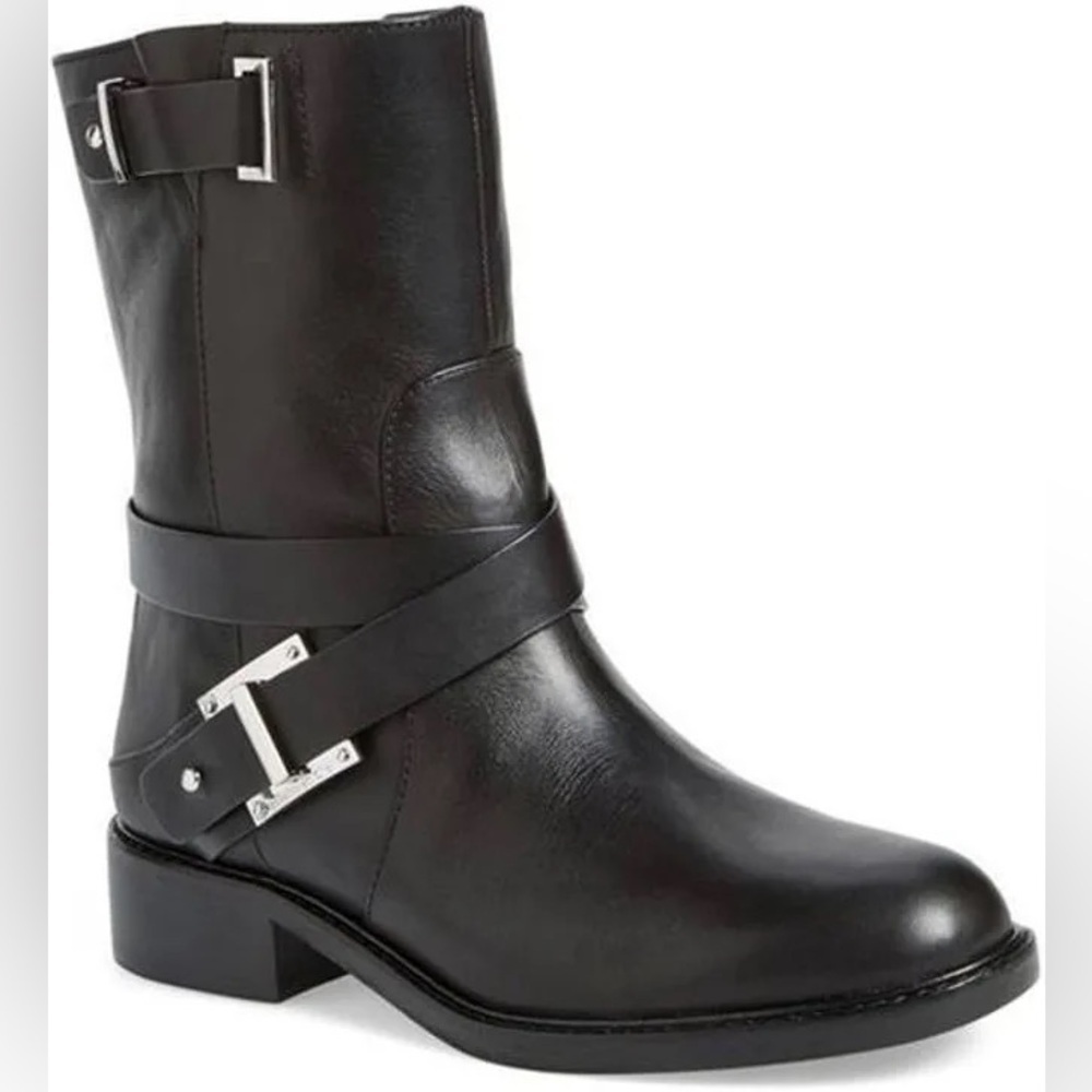 Louise Et Cie Black Leather Moto Valencia Round Toe Block Heel Ankle Boots Sz 7
